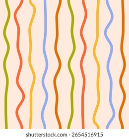 Ilustración de patrón transparente colorido con ondas de línea de Vertical sobre un fondo beige. Antiguas impresión mínima. Ilustración vectorial