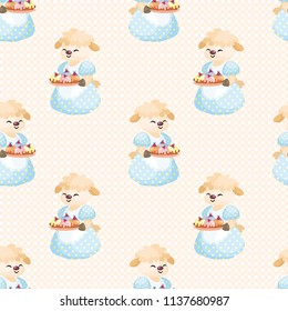 Colorful seamless pattern with the image of cute sheep. Vector background.