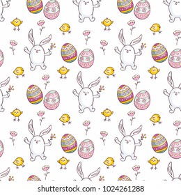 Colorful seamless pattern with the image of Easter eggs, rabbits and chickens. Vector background.