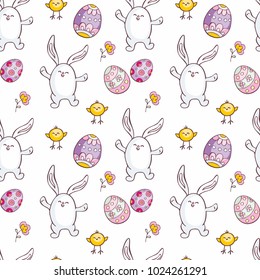 Colorful seamless pattern with the image of Easter eggs, rabbits and chickens. Vector background.