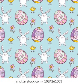 Colorful seamless pattern with the image of Easter eggs, rabbits and chickens. Vector background.