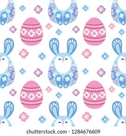 Colorful seamless pattern with the image of Easter eggs and rabbits. Vector background.
