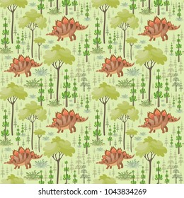 Colorful seamless pattern with the image of funny dinosaurs in cartoon style. Vector background.