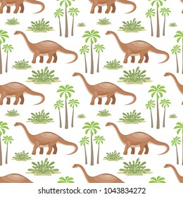 Colorful seamless pattern with the image of funny dinosaurs in cartoon style. Vector background.