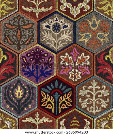Colorful seamless pattern imitating embroidery. Hexagonal layout with floral folk ornaments. Decorative stitched texture.