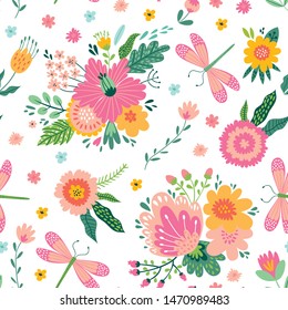 Colorful seamless pattern with insects and flowers. Summer floral repeat background for fabrics or wallpapers. Butterfly and dragonflies design. 