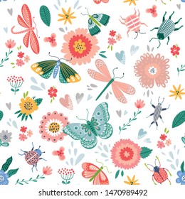Colorful seamless pattern with insects and flowers. Summer floral repeat background for fabrics or wallpapers. Butterfly and dragonflies design. 