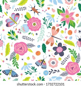 Colorful seamless pattern with insects and flowers. Summer floral repeat background for fabrics or wallpapers. Butterfly and dragonflies design.