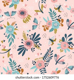 Colorful seamless pattern with insects and flowers. Summer floral repeat background for fabrics or wallpapers. Butterfly and dragonflies design. 