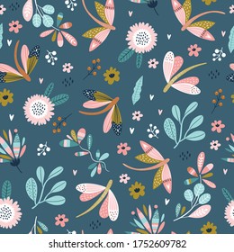 Colorful seamless pattern with insects and flowers. Summer floral repeat background for fabrics or wallpapers. Butterfly and dragonflies design. 