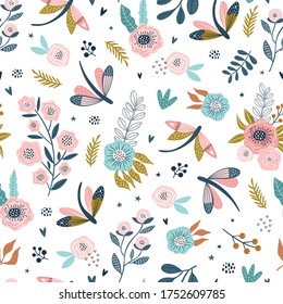 Colorful seamless pattern with insects and flowers. Summer floral repeat background for fabrics or wallpapers. Butterfly design. 