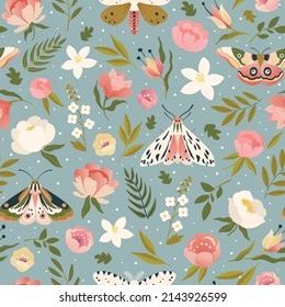 Colorful seamless pattern with insects and flowers. Summer floral repeat background for fabrics or wallpapers. Butterfly design.