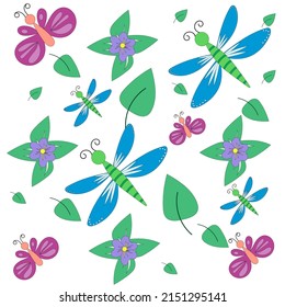 Colorido patrón sin costuras con insectos y flores. Diseño de mariposa y libélula. Patrón floral para papel de pared, tela y papel de envoltura.
