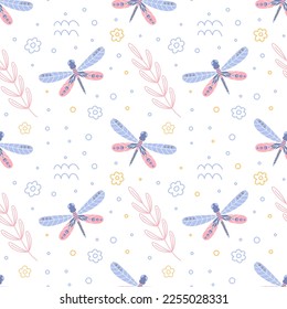 colorful seamless pattern with insects and flowers, summer floral repeat background for fabrics and wallpapers, dragonflies design
