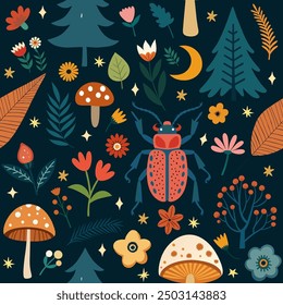 Colorful seamless pattern with insects and flowers. Floral repeat background for fabrics or wallpapers. Forest plants, leaves, moon, stars. Cartoon style vector illustration.