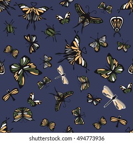 Colorful seamless pattern with insects. Nice hand-drawn illustration