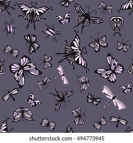 Colorful seamless pattern with insects. Nice hand-drawn illustration