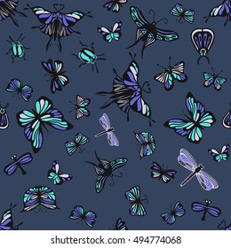 Colorful seamless pattern with insects. Nice hand-drawn illustration
