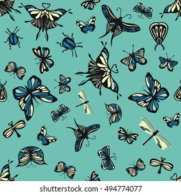 Colorful seamless pattern with insects. Nice hand-drawn illustration