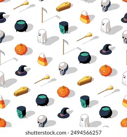 Colorful seamless pattern of isometric Halloween related things with shadow on transparent background