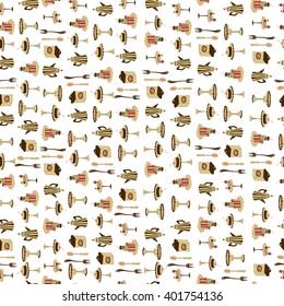 Colorful seamless pattern with items for tea time on white background.