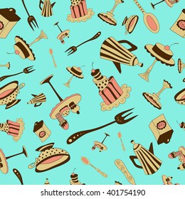 Colorful seamless pattern with items for tea time on blue background.