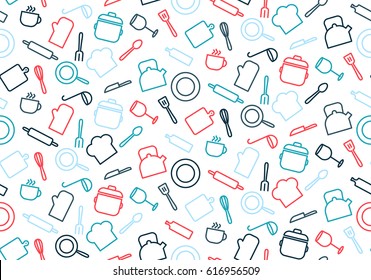 Colorful Seamless Pattern With Kitchen Elements And Dishes