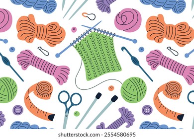 Colorful seamless pattern, knitting tools and supplies, ornament with yarn skeins, needles, crochet hooks, scissors, and measuring tape. Flat cartoon vector style, perfect for crafting and DIY themes