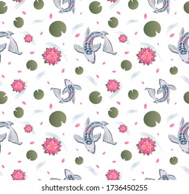 Colorful seamless pattern with Koi Carp floating around water lilies, leaves and petals