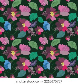 Colorful seamless pattern with large flowers and leaves on a black background