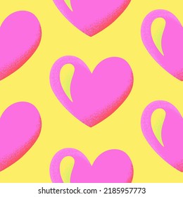 Colorful seamless pattern with large pink heart shapes on a bright yellow background for Valentine's Day. Contemporary surface design. Wrapping paper, wallpaper, textiles. Vector illustration