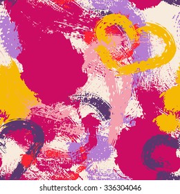 Colorful seamless pattern with large stains and smears. Saturated ruby rose, pink, yellow and purple spots.  Perfect texture for consumer industry design, interior decoration etc