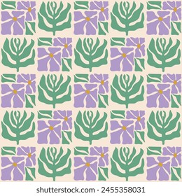 Colorful seamless pattern with lavender flowers and twigs. Vintage hippie style background. Geometric checkered print wallpaper, spring natural background with purple flowers.