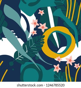 Colorful seamless pattern with leaves, flowers, spots. Decorative colored wallpaper, good for printing. Hand drawn overlapping background, texture, decor elements, lines and shapes. Design backdrop