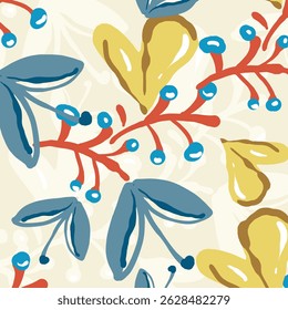 Colorful seamless pattern with leaves and flowers. Decorative wallpaper, good for printing. Hand drawn overlapping background, texture with decor elements, shapes. Design backdrop vector.