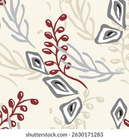 Colorful seamless pattern with leaves and flowers. Decorative wallpaper, good for printing. Hand drawn overlapping background, texture with decor elements, shapes. Design backdrop vector.