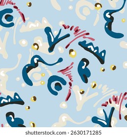 Colorful seamless pattern with leaves and flowers. Decorative wallpaper, good for printing. Hand drawn overlapping background, texture with decor elements, shapes. Design backdrop vector.