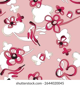 Colorful seamless pattern with leaves and flowers. Decorative wallpaper, good for printing. Hand drawn overlapping background, texture with decor elements, shapes. Design backdrop vector.