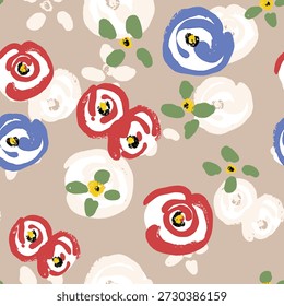 Farbiges, nahtloses Muster mit Blättern und Blumen. Dekorative Tapete, gut zum Drucken. Handgezeichneter überlappender Hintergrund, Textur mit Dekorelementen, Formen. Design Hintergrund Vektor.