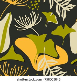 Colorful seamless pattern with leaves and flowers. Decorative wallpaper, good for printing. Hand drawn overlapping background, texture with decor elements, shapes. Design backdrop vector