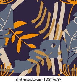 Colorful seamless pattern with leaves, spots. Decorative colored wallpaper, good for printing. Hand drawn overlapping background, texture with decor elements, lines and shapes. Design backdrop vector