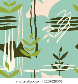 Colorful seamless pattern with leaves, spots. Decorative colored wallpaper, good for printing. Hand drawn overlapping background, texture with decor elements, lines and shapes. Design backdrop vector