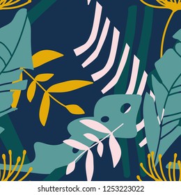 Colorful seamless pattern with leaves, spots. Decorative colored wallpaper, good for printing. Hand drawn overlapping background, texture with decor elements, lines and shapes. Design backdrop vector