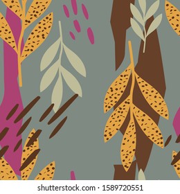 Colorful seamless pattern with leaves, spots. Decorative colored wallpaper, good for printing. Hand drawn overlapping background, texture with decor elements, lines and shapes. Design backdrop vector