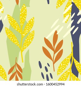 Colorful seamless pattern with leaves, spots. Decorative colored wallpaper, good for printing. Hand drawn overlapping background, texture with decor elements, lines and shapes. Design backdrop vector