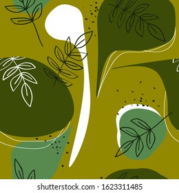 Colorful seamless pattern with leaves, spots. Decorative colored wallpaper, good for printing. Hand drawn overlapping background, texture with decor elements, lines and shapes. Design backdrop vector