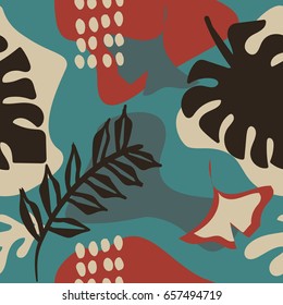 Colorful seamless pattern with leaves, spots and dots. Decorative wallpaper, good for printing. Hand drawn overlapping background, texture with decor elements, lines and shapes. Design backdrop vector