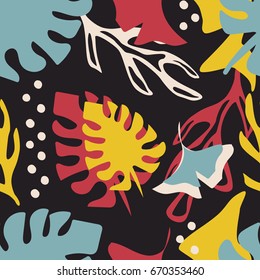 Colorful seamless pattern with leaves, spots and dots. Decorative wallpaper, good for printing. Hand drawn overlapping background, texture with decor elements, lines and shapes. Design backdrop vector