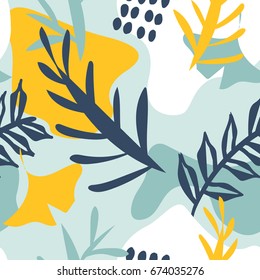 Colorful seamless pattern with leaves, spots and dots. Decorative wallpaper, good for printing. Hand drawn overlapping background, texture with decor elements, lines and shapes. Design backdrop vector