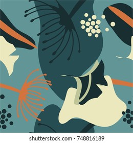 Modelo inconsútil colorido con las hojas, las manchas y los puntos. Fondo de pantalla decorativo, bueno para imprimir. Fondo superpuesto dibujado a mano, textura con Elementos de decoración, líneas y Formas. Vector de fondo de diseño